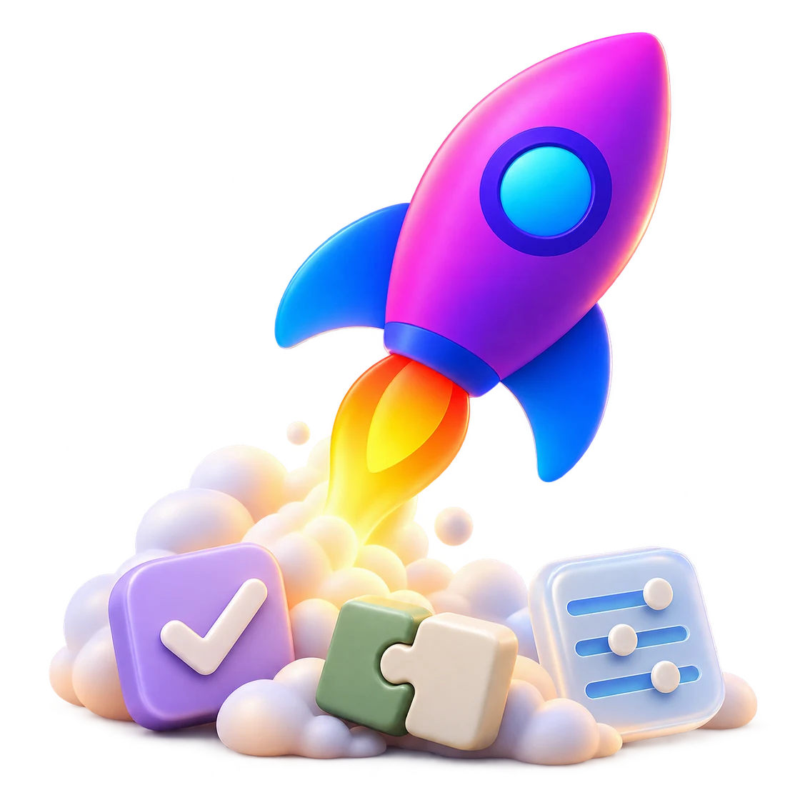 IndicStudio rocket lifting off beside app, puzzle and utility symbols